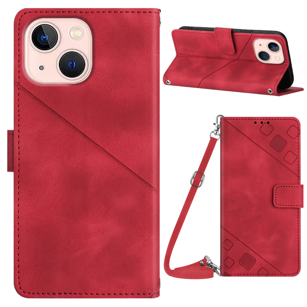 PT005 YB Imprinting Series-7 for iPhone 13 Stand Phone Leather Case Imprinted Lines Wallet Cover with Shoulder Strap PT005 YB Imprinting Series-7 for iPhone 13 Stand Phone Leather Case Imprinted Lines Wallet Cover with Shoulder Strap